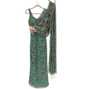 Green Floral Metallic One Shoulder Maxi Saree with Attached Dupatta